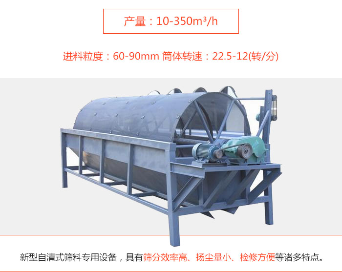 滾筒篩分機是一種新型自清式篩料專用設(shè)備，具有篩分效率高、揚塵量小、檢修方便等諸多特點。